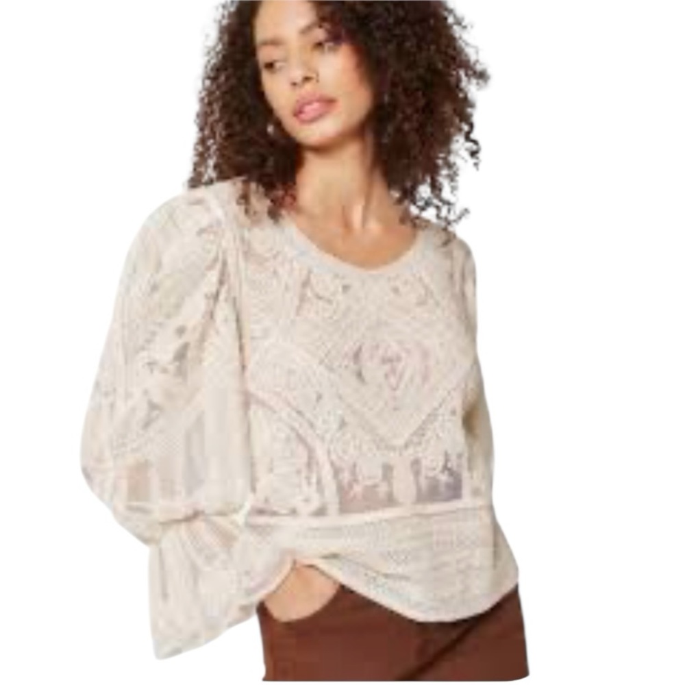 Ivory Cream Embroidered Crochet Lace Pleated Puff Sleeve Long Sleeve Blouse
